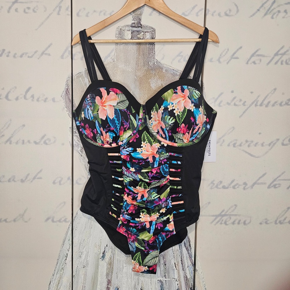 Swimsuits for All Black Floral Print‎ Ruched Tummy Control One Piece Size 22